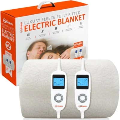 Image of WÄRMER Luxury Electric Heated Blanket Fully Fitted Double Fleece Material Dual Controllers Body and Feet Zone Settings 12 Hour Timer 9 Heat