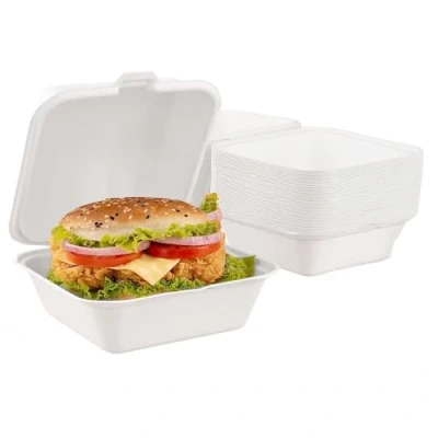 Image of EcoWise 50 Disposable Burger Boxes 6 Inch Sugarcane Fibre Eco Friendly Biodegradable Food Containers Microwave &amp; Freezer Safe Bagasse Takeaway For Sandwich, Chips BBQ (50)