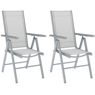 Image of Outsunny Set of 2 Folding Chair, Aluminium Frame Outdoor Camping Chairs with Breathable Mesh Back and Seat, Garden Chair Armrests for Balcony, Light Grey