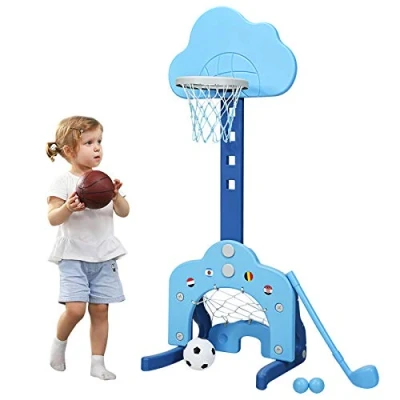 Image of Maxmass Basketball Hoop Set, 3 in 1 Sports Activity Center with &amp; Soccer Ball, Height Adjustable Stand for Kids (Navy Blue)