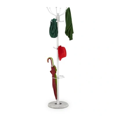 Image of Relaxdays, White Coat Stand with Umbrella Stand, 16 Hooks, HD 176.5 x 36.5 cm, Marble Base, Freestanding, Marble, cm