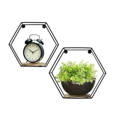 Image of HOMION Floating Shelf Hexagonal SET OF 2 Shelves Metal &amp; Wood Decorative Diamond style Wall Storage Modern Mounted Multi Display Fixings Included (1 Tier)