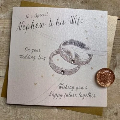 Image of WHITE COTTON CARDS NEPHEW &amp; WIFE WEDDING RINGS CARD, HAND FINISHED (D338)