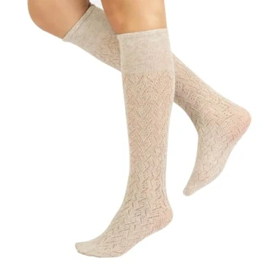 Image of CALZITALY Women Knitted Crochet Knee High Socks with Ribbed or Chevron Pattern Black, Blue, Bordeaux, Grey, Brown, Beige Made in Italy (Chevron Beige, One Size)