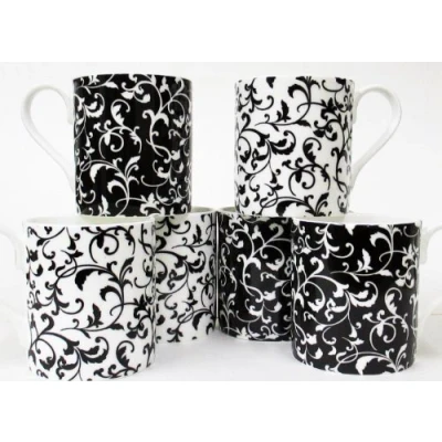 Image of fromeuropewithlove Venetian Black and White Balmoral Fine Bone China Mugs Set of 6 Hand Decorated in the UK FREE Delivery