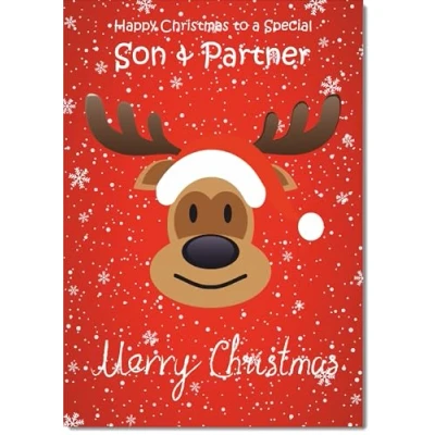 Image of doodlecards Son and Partner Christmas Card Rudolph on Red Background Medium Size for &amp; with Plain Envelope