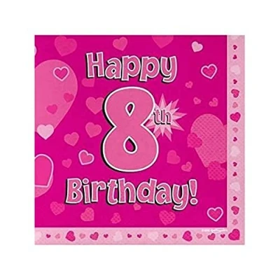 Image of Eleganza Happy 8th Birthday Napkins, Tissue, Pink, 33cm x