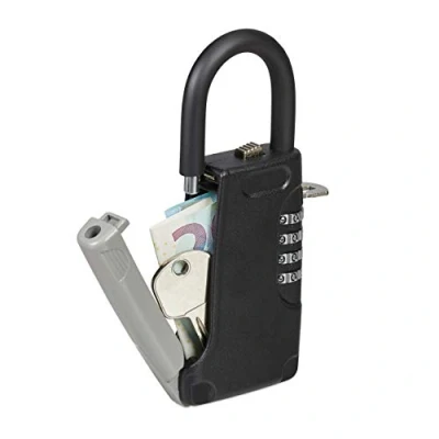 Image of Relaxdays Key Safe with Hanger, 4 digit Numerical Code, Outside, Small Lockable Vault, HxWxD: 14.5 x 6 2 cm, Black, Aluminium
