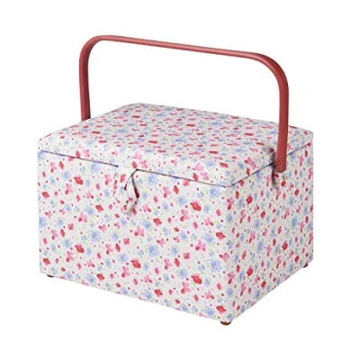 Image of Sewing Online Large Box,Pink and Blue Floral Fabric 31 x 23 20cm Storage Organiser Basket with Compartments for Supplies,Accessories,Thread,Needles,and Scissors GA1121L