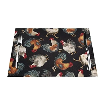 Image of French Roosters Placemat, Crossweave Vinyl Woven Table Mats, Non Slip Insulation Washable Mats Set Placemat For Kitchen Dinner