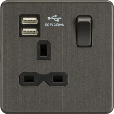 Image of KnightsBridge Screwless 13A 1G switched socket with dual USB charger (2.4A) Smoked Bronze
