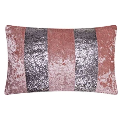 Image of Red Rainbow Luxury Crushed Velvet &amp; Silver Glitter Stripes Sparkle Cushion Cover (Blush Pink Silver, 12&quot; x 18&quot;)