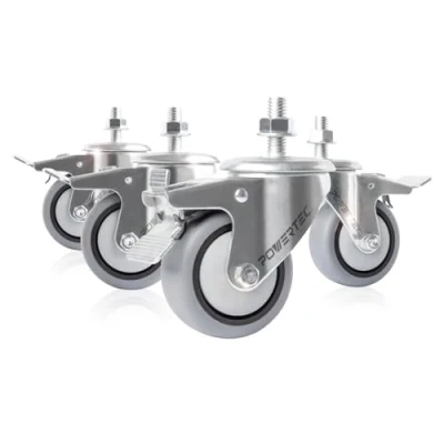 Image of PowerTec TPR Kit 17201 3 Dual Locking Swivel Gray Thermoplastic Wheels Heavy Duty 150 Lbs Per Caster (Set of 4), Silver, 7.62 cm