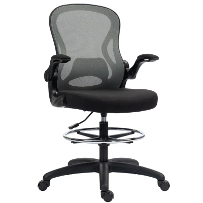 Image of Vinsetto Drafting Chair with Flip up Armrests, Mesh Office Chair, Ergonomic Draughtsman Lumbar Support and Footrest Ring for Standing Desk Bar Counter, Dark Grey