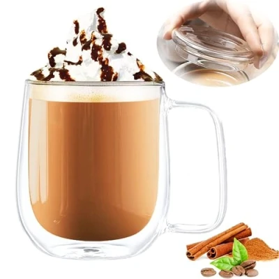 Image of NC Clear Glass Coffee Cups with Handle, Double Wall Glass, Heat Resistant Lid, for Cappuccino, Latte, Tea, Milk, Beer, Juice, Espresso