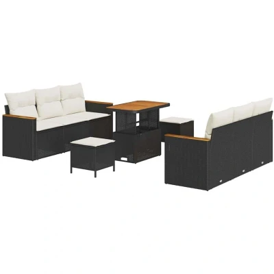 Image of vidaXL 9 Piece Garden Sofa Set with Cushions Black Poly Rattan Acacia