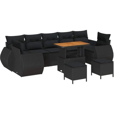 Image of vidaXL 10 Piece Garden Sofa Set with Cushions Black Poly Rattan Acacia