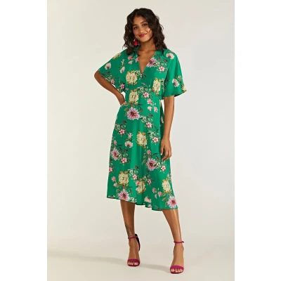 Image of Yumi Womens Green Floral Kimono Midi Dress Size 10 UK