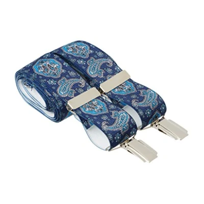 Image of XL Blue and Light Paisley Trouser Braces X back 35mm 4 Silver Clips 48 Inches Extra Long