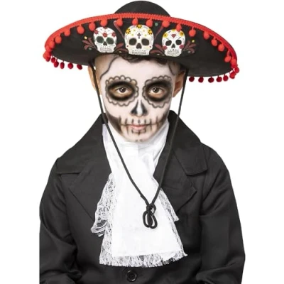 Image of Smiffys Kids Day of The Dead Sombrero, Halloween Child Fancy Dress, Dress Up Hats