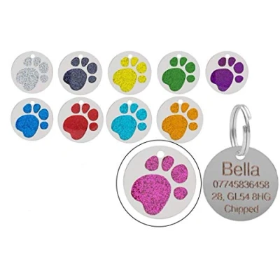 Image of JK Personalised Engraved Round Glitter Paw Print Dog/Cat Pet ID Tag Small/Large (36mm Extra Large, Pink)