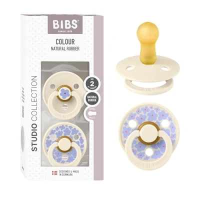 Image of BIBS Colour Studio Soother 2 Pack, BPA Free Dummy Pacifier, Round Nipple. Natural Rubber Latex, Made in Denmark, Size (6 18 Months), Jasmine Ivory