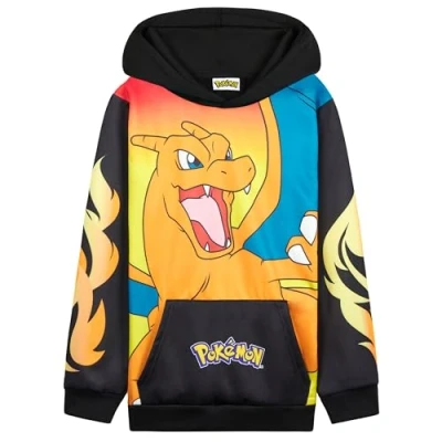 Image of Pokemon Boys Hoodie with Cuffed Sleeves, Kangaroo Pocket Anime Gifts (Black/Orange Charizard, 13 14 Years)