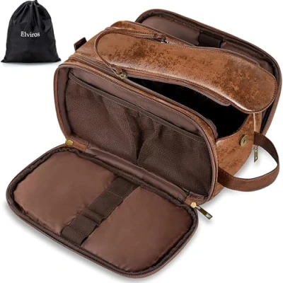 Image of Water Resistant PU Leather Toiletry Bag for Men Large Travel Wash Shaving Dopp Kit Bathroom Gym Toiletries Makeup Organizer with Free Wet Dry (Dark Brown)