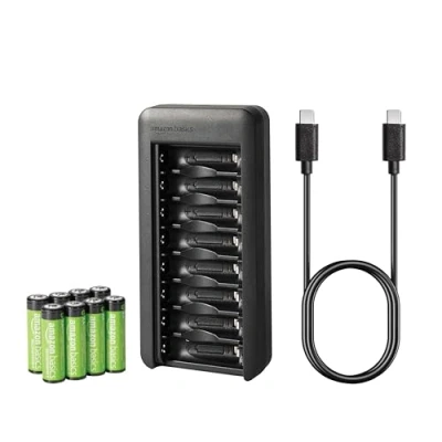 Image of Amazon Basics Rechargeable AA NiMh Batteries with 8 Bay Battery Charger, USB C Port, No AC Power Adapter, Count (Pack of 1)