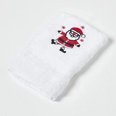 Image of HOMESCAPES Santa Embroidered Christmas Towel 100% Cotton Small Hand with Decorative Clause Festive Design 30 x 50 cm Guest for Bathroom or Xmas Gift