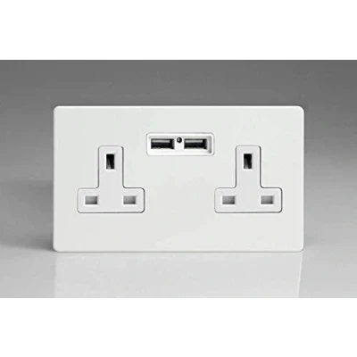 Image of Varilight 2 Gang, 13 Amp Unswitched Socket with Optimised USB Charging Ports, White Insert. Dimension Screwless Premium