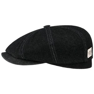 Image of Stetson Hatteras Robust Denim Flat Cap Men Cotton with Lining, Peak Autumn Summer Spring Winter L (58 59 cm) Black
