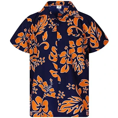 Image of King Kameha Floral Vibes Hibiscus Print Hawaii Colorful Stylish Shirt Standard Fit, Hibiscus, Navy Blue Orange, 4XL
