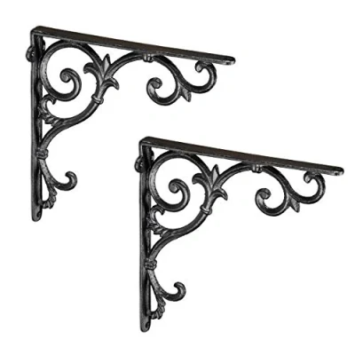 Image of Relaxdays Set of 2 Shelf Brackets, Cast Iron, Rack Support, Vintage Motif, 24.5 x 4 cm, Angle for Shelves, Black