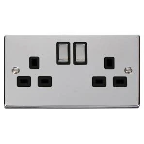 Image of Click Deco VPCH536BK Polished Chrome ‘Ingot’13A 2 Gang DP Switched Socket Outlet black insert