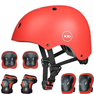Image of XJD Kids Skateboard Helmet Protective Gear Set Knee Pads Elbow Wrist Guards and Adjustable Bike Helmets for BMX Scooter Cycling Roller Skating Age 2 13 years old Boys Girls (red, M)
