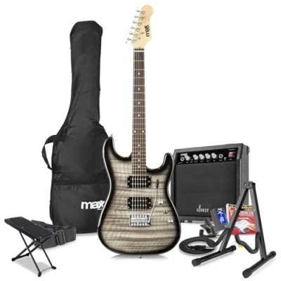 Image of Max GigKit Beginner Electric Guitar Package with Amplifier, Stand, Footrest, Tuner, Strap, Bag and Strings Set Quilt Top Black