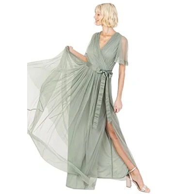 Image of Anaya with Love Ladies Maxi Dress for Women V Neckline Short Sleeve Frilly Long Empire Waist Wedding Guest Bridesmaid Maid of Honour Frosty Green Size 8
