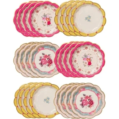 Image of Talking Tables Vintage Floral Afternoon Tea Party Plates Pack of 24 Truly Scrumptious Disposable Tableware for Birthday, Garden Party, Baby Shower, Wedding, Anniversary Hen do (17cm), Pink