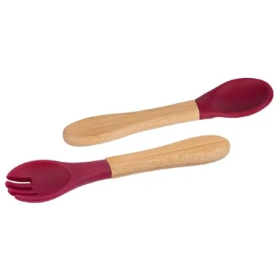 Image of Red 2pc Bamboo Baby Weaning Fork &amp; Spoon Set By Tiny Dining