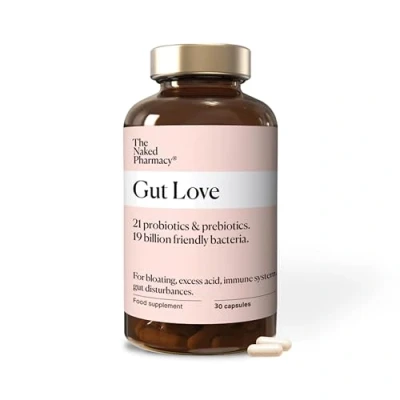 Image of The Naked Pharmacy Gut Love Bloating &amp; IBS Relief Natural Probiotic Prebiotic for Health High Strength Digestive Supplements Vegan 30 Capsules