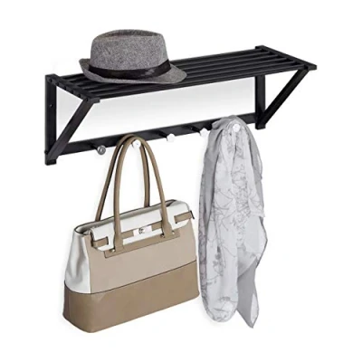 Image of Relaxdays Wall Coat Rack with Shelf, Wardrobe Rail 5 Hooks, Hallway &amp; Bathroom, Modern, Metal, 23 x 65 25 cm, Black