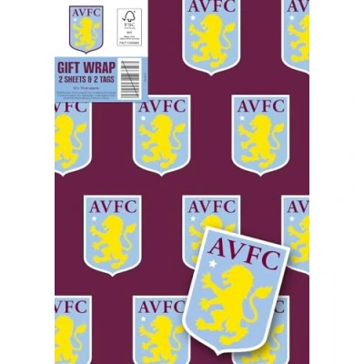 Image of Aston Villa FC Wrapping Paper 2 Sheets Tags, Football Gift Wrap