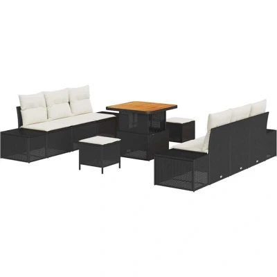 Image of vidaXL 9 Piece Garden Sofa Set with Cushions Black Poly Rattan Acacia