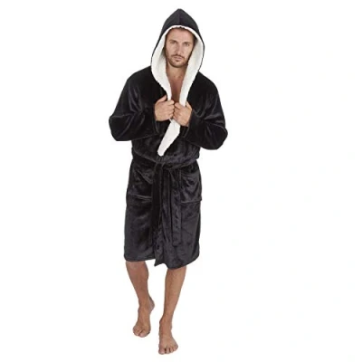 Image of Mens Luxury Super Soft Fleece Dressing Gown Bath Robe Hooded Thick Warm Snuggle (Black, L/XL)
