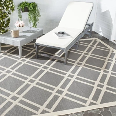 Image of SAFAVIEH Trellis Rug for Indoor &amp; Outdoor Courtyard Collection, Short Pile, in Anthracite and Beige color, 79 X 152 cm
