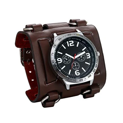 Image of JewelryWe Mens Wirst Watch Hip hop Gothic Punk 3 Eyes Quartz Wide Genuine Leather Cuff Wirstwatch Black Brown