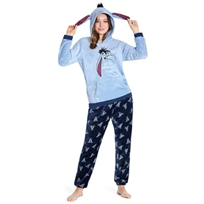 Image of Disney Pyjamas for Women, Fluffy Ladies Fleece Pyjamas, Stitch Minnie Gifts (M, Blue Eeyore)