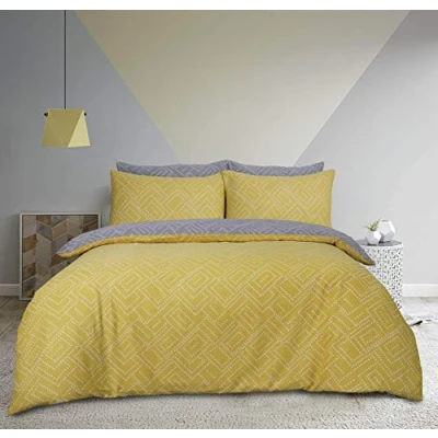 Image of Sleepdown Square Dot Geo Ochre Reversible Soft Duvet Cover Quilt And Bedding Set With Pillowcases Super King (220 cm x 260 cm)