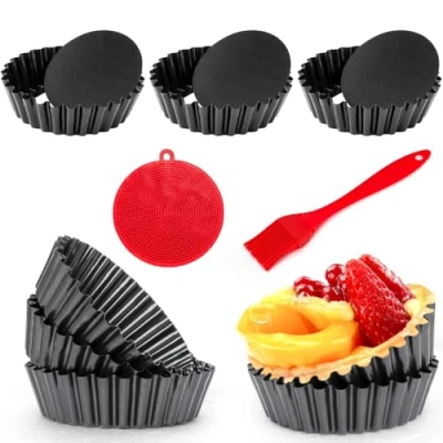 Image of Quyimy 8 Packs Tart Tins 1.2&#039;&#039; Deep Quiche Dish Pans 4&#039;&#039; Removable Bottom Round Fluted Non Stick Carbon Steel Individual Pie Dishes with Oil Brush&amp;Silicone Scrubber(10x3cm)